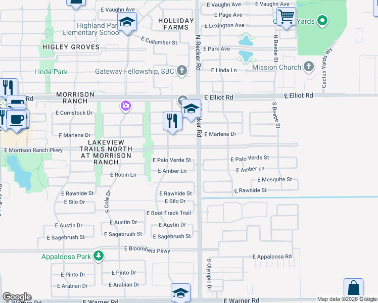map of restaurants, bars, coffee shops, grocery stores, and more near 3969 East Morrison Ranch Parkway in Gilbert