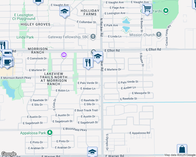 map of restaurants, bars, coffee shops, grocery stores, and more near 3969 East Morrison Ranch Parkway in Gilbert