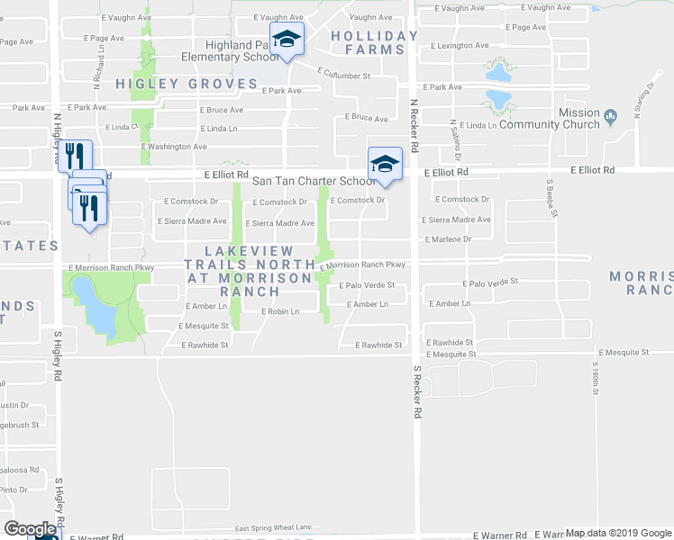 map of restaurants, bars, coffee shops, grocery stores, and more near 3829 East Morrison Ranch Parkway in Gilbert