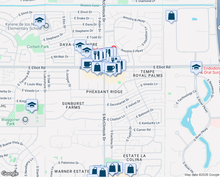map of restaurants, bars, coffee shops, grocery stores, and more near in Tempe
