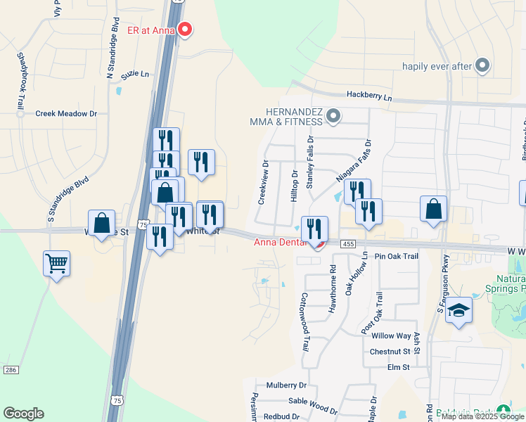 map of restaurants, bars, coffee shops, grocery stores, and more near 513 Creekview Drive in Anna
