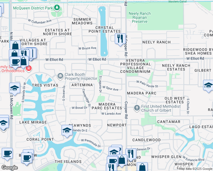 map of restaurants, bars, coffee shops, grocery stores, and more near 902 West Spur Avenue in Gilbert