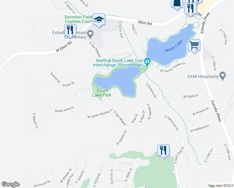 map of restaurants, bars, coffee shops, grocery stores, and more near 18123 West San Alejandro Drive in Goodyear