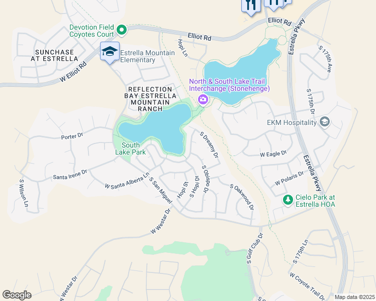 map of restaurants, bars, coffee shops, grocery stores, and more near 10988 South Desert Lake Drive in Goodyear