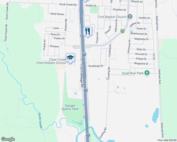 map of restaurants, bars, coffee shops, grocery stores, and more near 2000 South Stemmons Street in Sanger