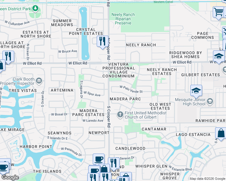 map of restaurants, bars, coffee shops, grocery stores, and more near 737 South Saddle Street in Gilbert