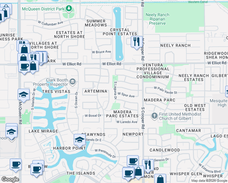 map of restaurants, bars, coffee shops, grocery stores, and more near 177 South Presidio Drive in Gilbert