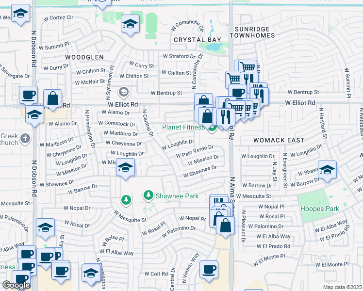 map of restaurants, bars, coffee shops, grocery stores, and more near 1213 West Loughlin Drive in Chandler