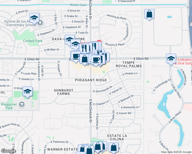 map of restaurants, bars, coffee shops, grocery stores, and more near in Tempe