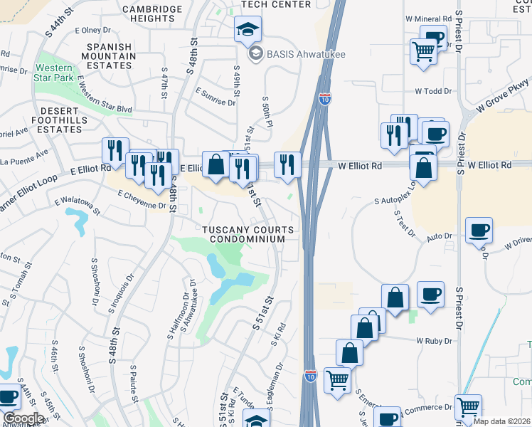 map of restaurants, bars, coffee shops, grocery stores, and more near 11025 South 51st Street in Phoenix