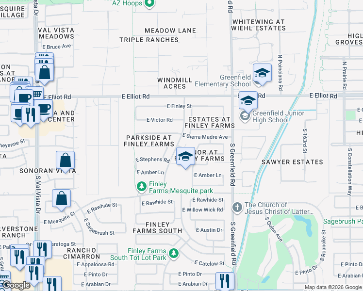 map of restaurants, bars, coffee shops, grocery stores, and more near 207 South Debra Court in Gilbert