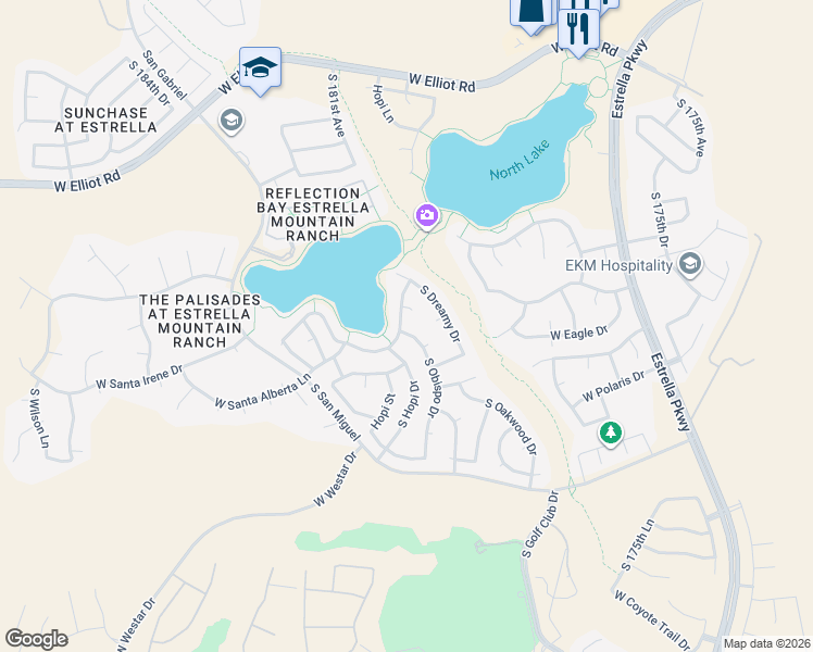 map of restaurants, bars, coffee shops, grocery stores, and more near 10988 South Desert Lake Drive in Goodyear
