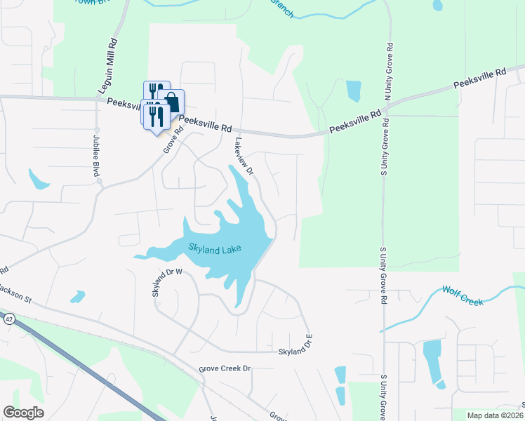 map of restaurants, bars, coffee shops, grocery stores, and more near 249 Lakeview Drive in Locust Grove
