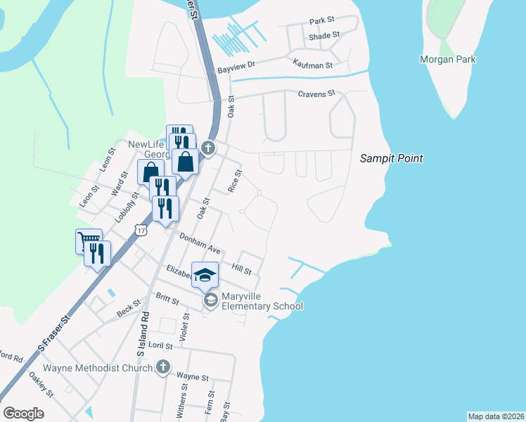 map of restaurants, bars, coffee shops, grocery stores, and more near 148 Oak Bay Drive in Georgetown