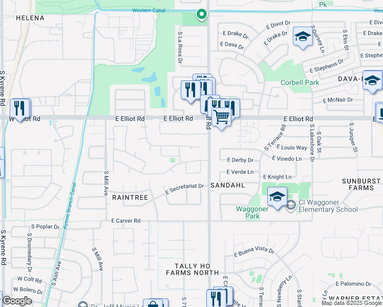 map of restaurants, bars, coffee shops, grocery stores, and more near 7741 South La Rosa Drive in Tempe