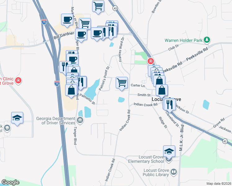 map of restaurants, bars, coffee shops, grocery stores, and more near 37 Woodland Drive in Locust Grove