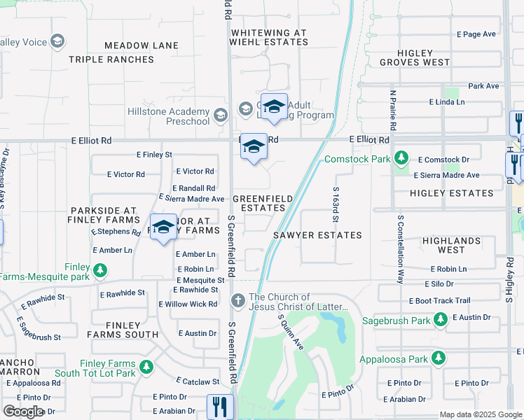 map of restaurants, bars, coffee shops, grocery stores, and more near 2488 East Marlene Drive in Gilbert