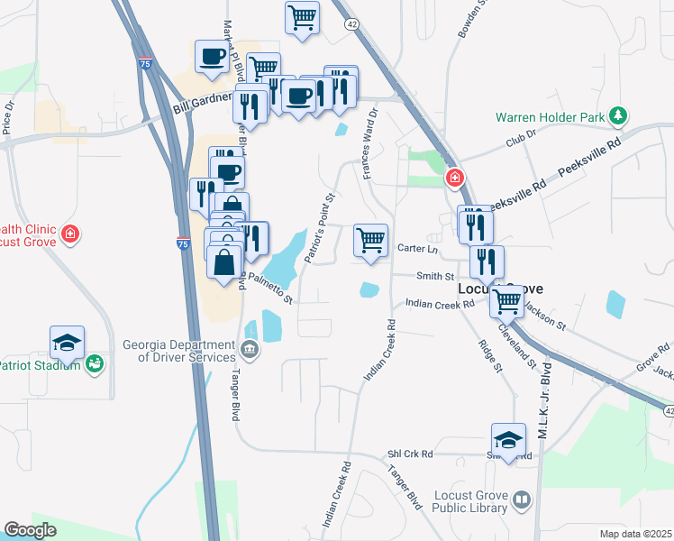 map of restaurants, bars, coffee shops, grocery stores, and more near 1014 Allegiance Drive in Locust Grove