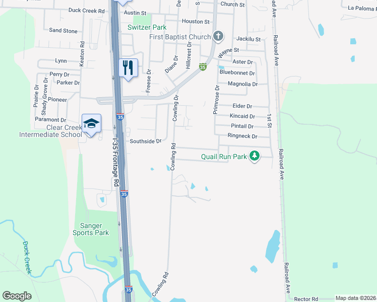 map of restaurants, bars, coffee shops, grocery stores, and more near 324 Quail Crossing Drive in Sanger