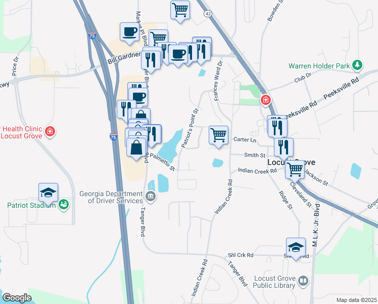 map of restaurants, bars, coffee shops, grocery stores, and more near 1014 Allegiance Drive in Locust Grove