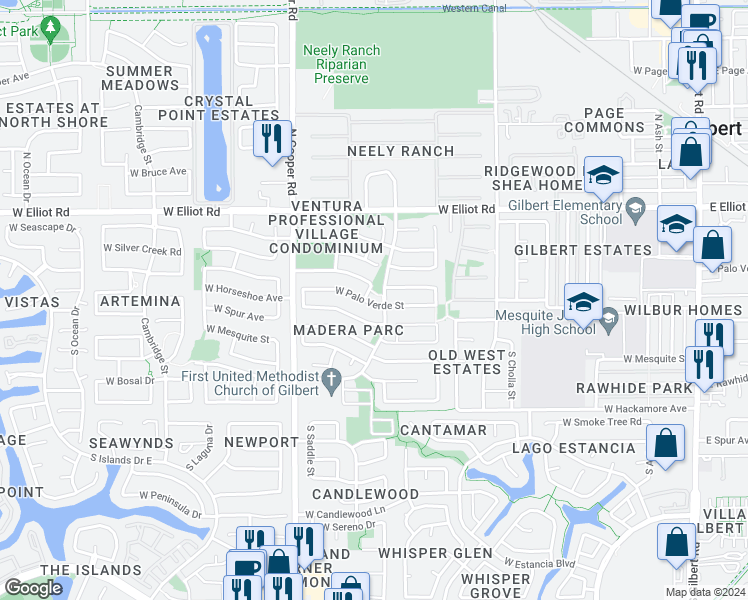 map of restaurants, bars, coffee shops, grocery stores, and more near 608 West Palo Verde Street in Gilbert