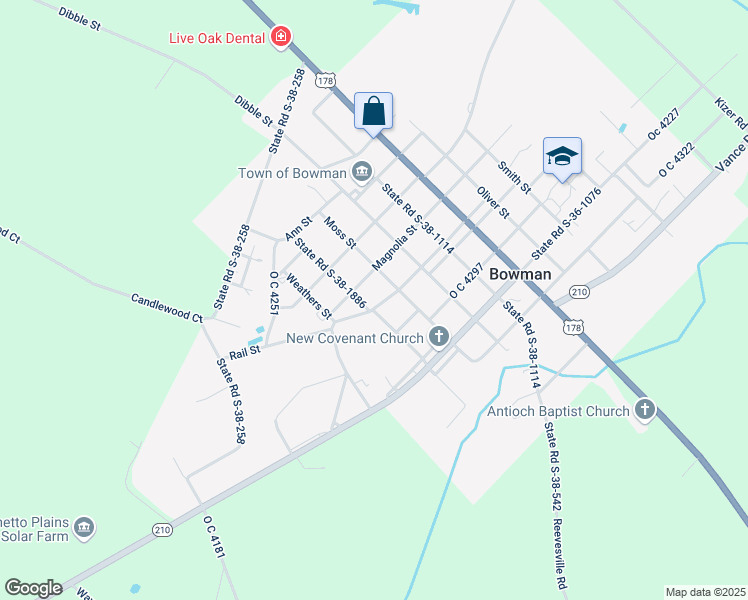 map of restaurants, bars, coffee shops, grocery stores, and more near 470 Laura Street in Bowman