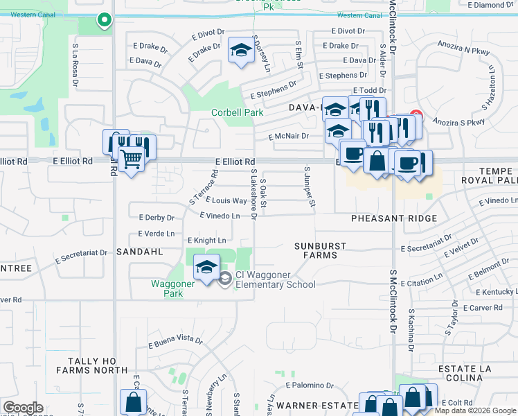 map of restaurants, bars, coffee shops, grocery stores, and more near 7724 South Oak Street in Tempe