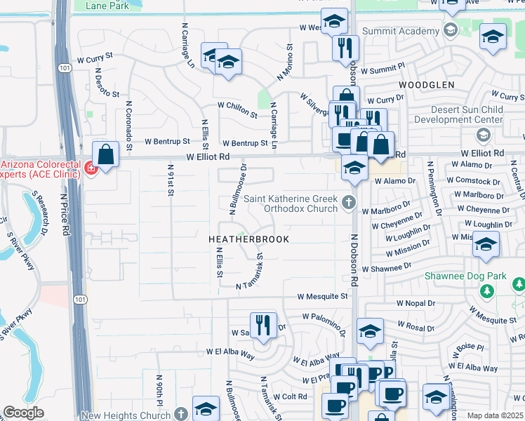 map of restaurants, bars, coffee shops, grocery stores, and more near 2676 North Carriage Lane in Chandler