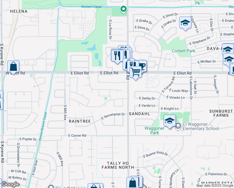 map of restaurants, bars, coffee shops, grocery stores, and more near 7741 South La Rosa Drive in Tempe