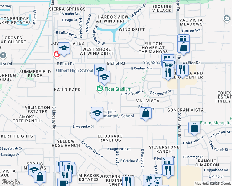 map of restaurants, bars, coffee shops, grocery stores, and more near South Lakeview Drive in Gilbert