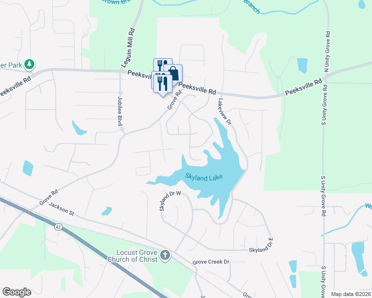 map of restaurants, bars, coffee shops, grocery stores, and more near 177 Waters Edge Drive in Locust Grove