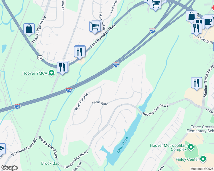 map of restaurants, bars, coffee shops, grocery stores, and more near 1404 Scout Ridge Drive in Birmingham