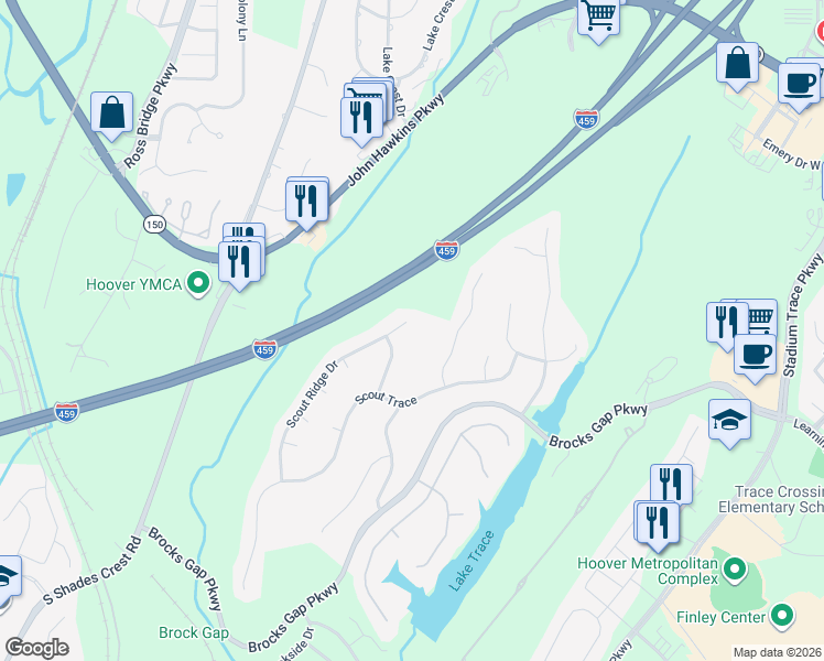 map of restaurants, bars, coffee shops, grocery stores, and more near 1404 Scout Ridge Drive in Birmingham