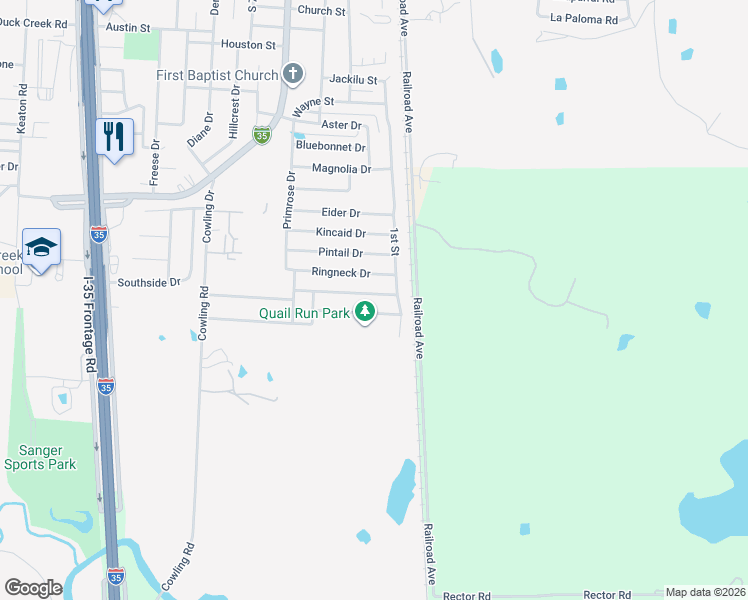 map of restaurants, bars, coffee shops, grocery stores, and more near 109 Teal Road in Sanger