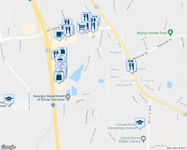 map of restaurants, bars, coffee shops, grocery stores, and more near 1016 Allegiance Drive in Locust Grove