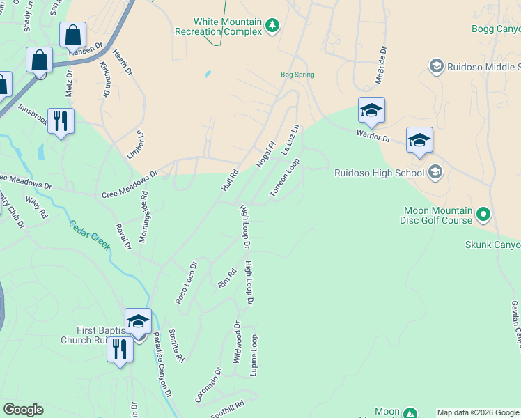 map of restaurants, bars, coffee shops, grocery stores, and more near 101-111 White Oaks Rd in Ruidoso