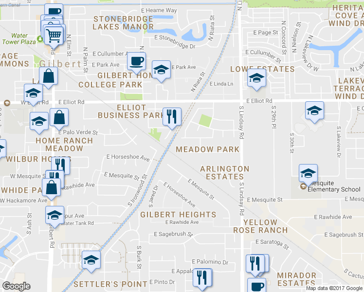 map of restaurants, bars, coffee shops, grocery stores, and more near 526 East Palo Verde Street in Gilbert