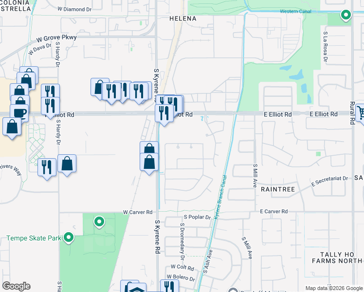 map of restaurants, bars, coffee shops, grocery stores, and more near 419 West Louis Way in Tempe