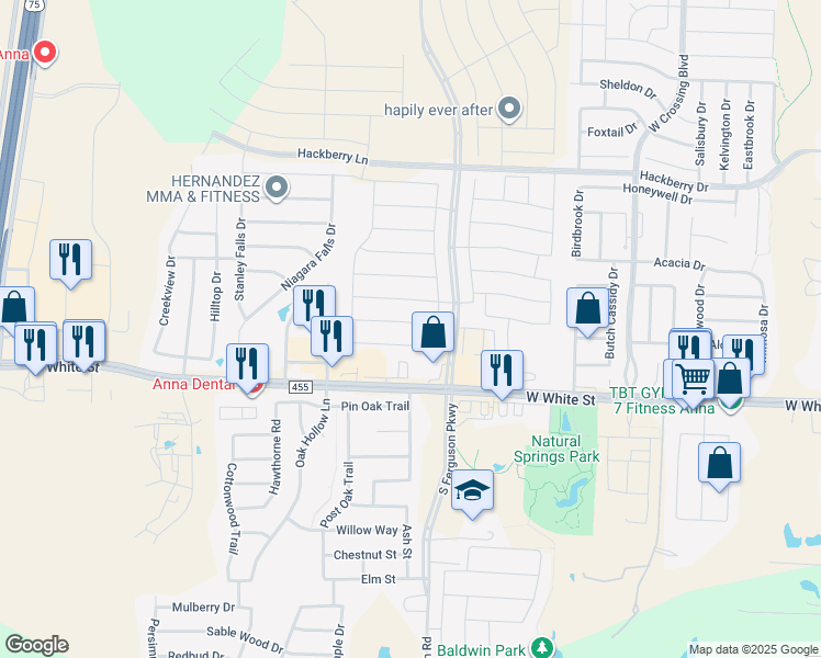 map of restaurants, bars, coffee shops, grocery stores, and more near 1701 Deerchase Drive in Anna