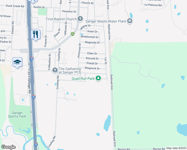 map of restaurants, bars, coffee shops, grocery stores, and more near 123 Teal Road in Sanger