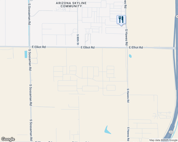 map of restaurants, bars, coffee shops, grocery stores, and more near 19645 East Elliot Road in Mesa