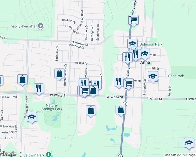 map of restaurants, bars, coffee shops, grocery stores, and more near 716 Alder Drive in Anna