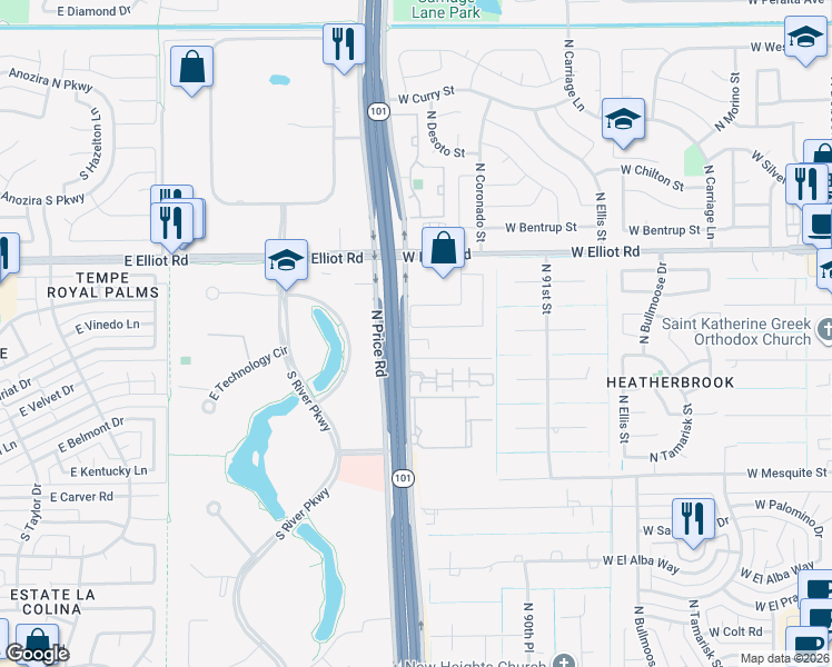 map of restaurants, bars, coffee shops, grocery stores, and more near 2981 West Marlboro Drive in Chandler