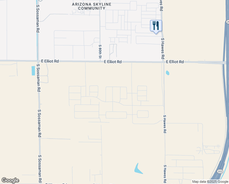 map of restaurants, bars, coffee shops, grocery stores, and more near 19645 East Elliot Road in Mesa