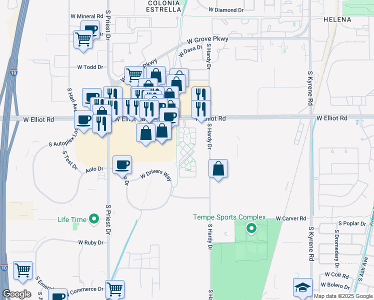 map of restaurants, bars, coffee shops, grocery stores, and more near Unnamed Road in Tempe