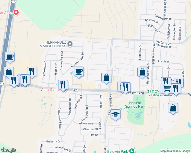 map of restaurants, bars, coffee shops, grocery stores, and more near 1701 Deerchase Drive in Anna