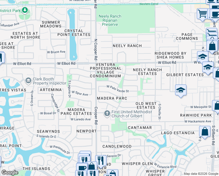 map of restaurants, bars, coffee shops, grocery stores, and more near 655 West Palo Verde Street in Gilbert