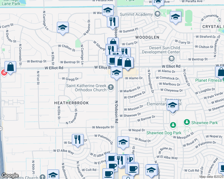 map of restaurants, bars, coffee shops, grocery stores, and more near 2716 North Dobson Road in Chandler