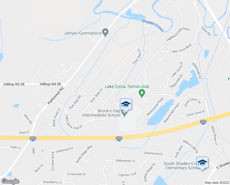 map of restaurants, bars, coffee shops, grocery stores, and more near 5520 Park Side Circle in Hoover