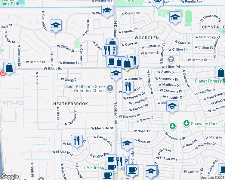 map of restaurants, bars, coffee shops, grocery stores, and more near 2716 North Dobson Road in Chandler